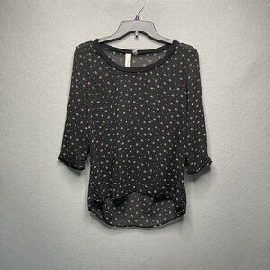 Robin-K Sheer Black Floral Polka Dot Blouse W/ 3/4 Sleeves & High-Low Hem